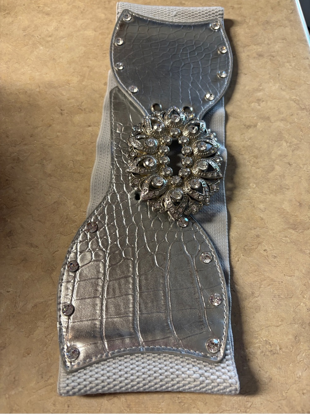 Silver Elastic Statement Waist Belt with Crystal Brooch